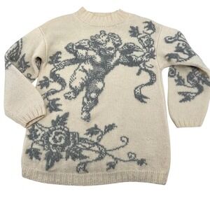 Vintage Express Tricot Handknitted Wool Sweater Cherub Floral Cream Grey Medium